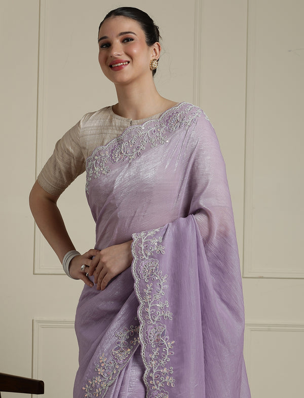 Embroidered Embellished Saree With Unstitched Blouse in Lavender