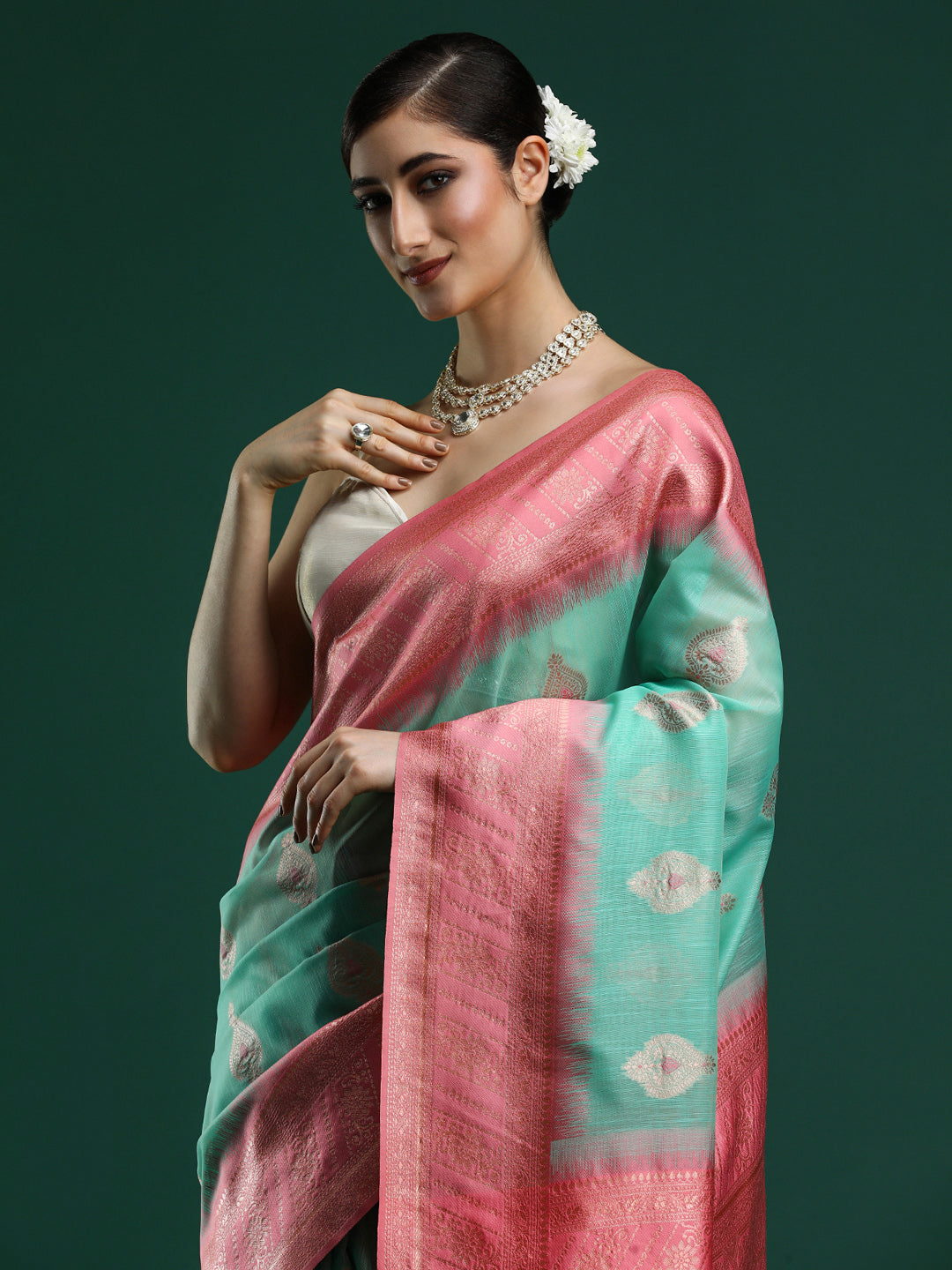 Woven Design Chanderi Cotton Saree in Sea Green