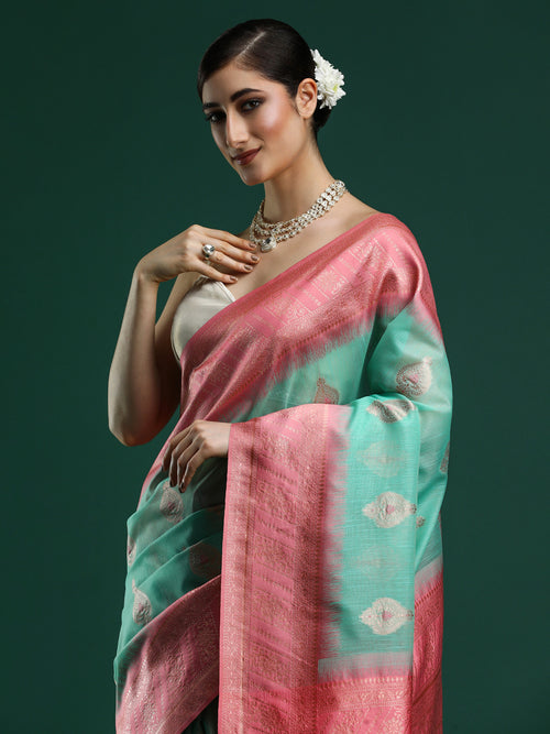 Woven Design Chanderi Cotton Saree in Sea Green