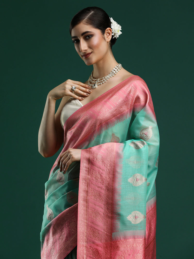 Woven Design Chanderi Cotton Saree in Sea Green