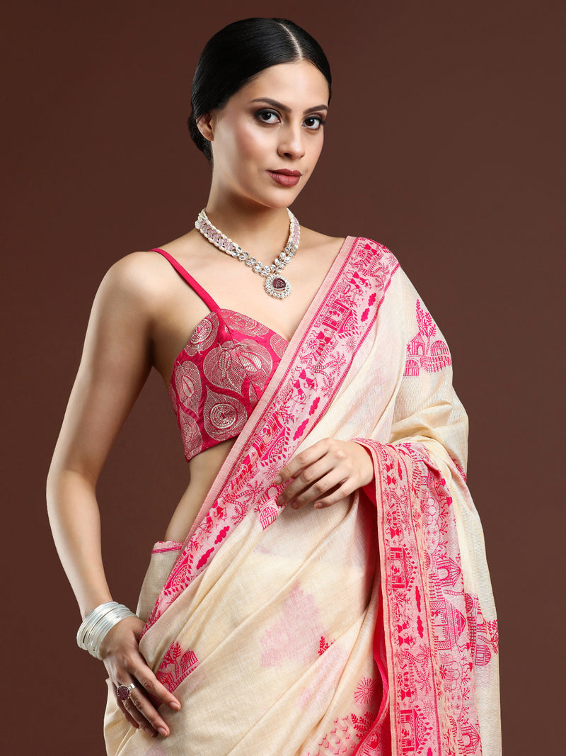 Woven Design Chanderi Cotton Saree with Pink Motifs