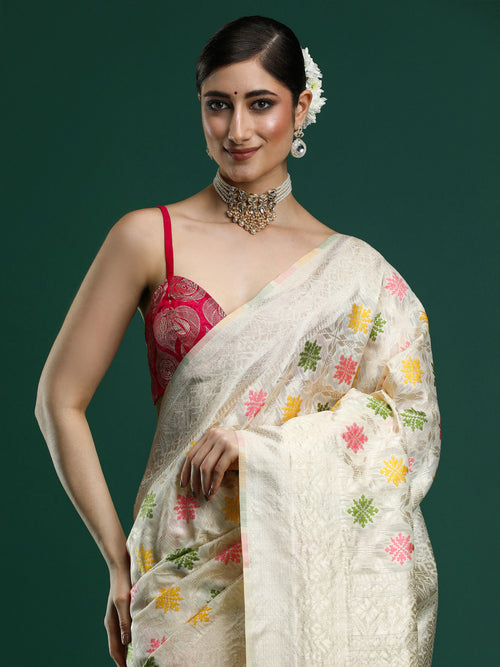 Woven Design Chanderi Cotton Saree in Cream
