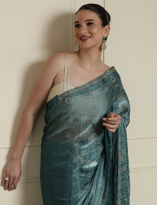 Embellished Saree With Unstitched Blouse in Blue