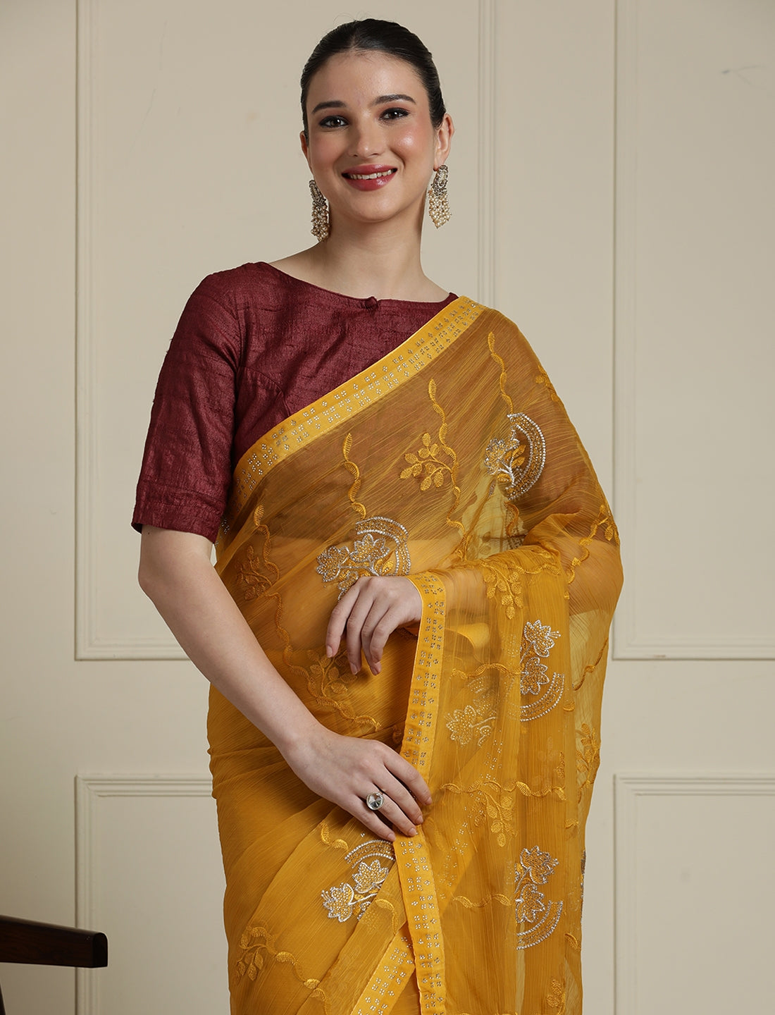 Floral Embellished Saree in Yellow