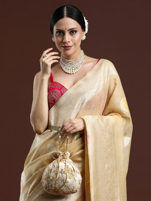 Woven Design Chanderi Cotton Saree in Beige