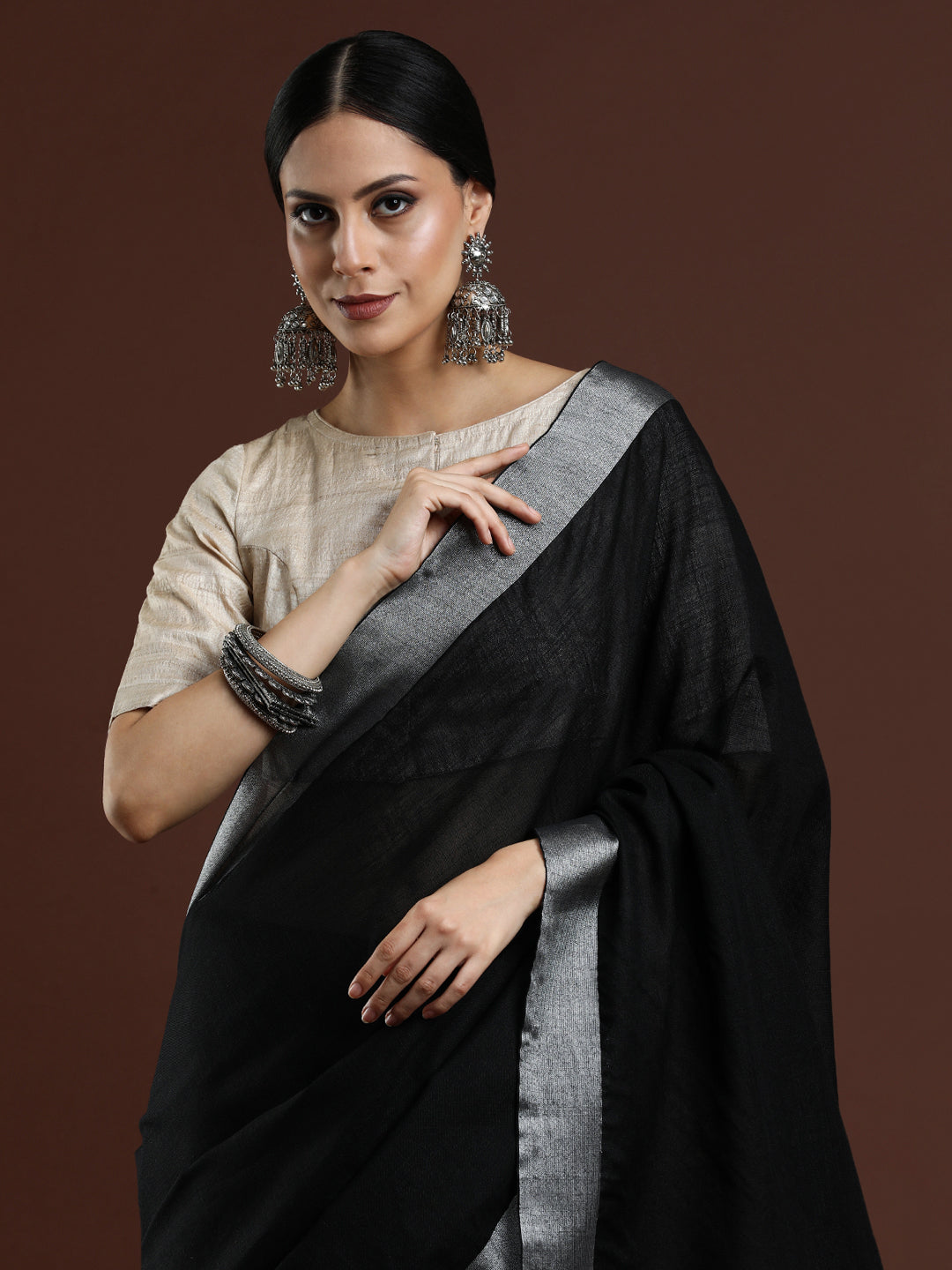 Woven Design Solid Bhagalpuri Linen Saree in Black