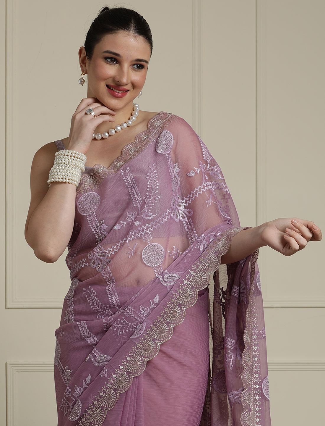 Ethnic Motifs Embroidered Saree in Purple