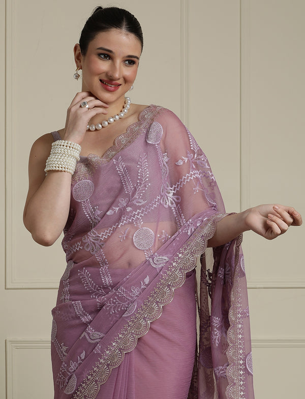 Ethnic Motifs Embroidered Saree in Purple