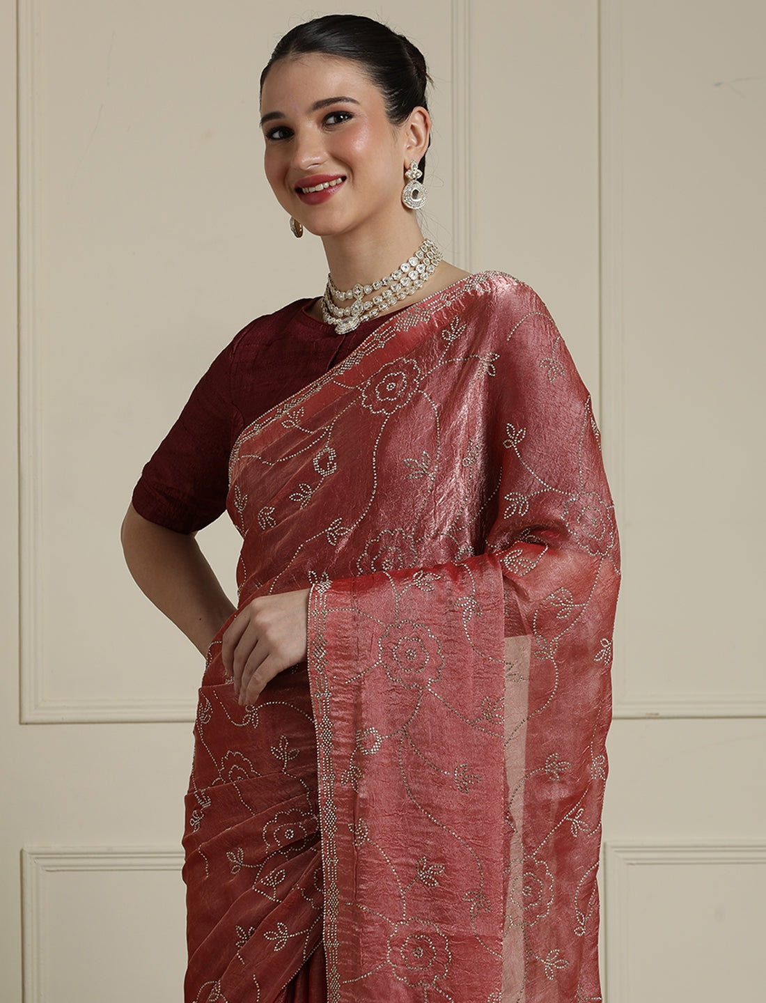 Embellished Saree With Unstitched Blouse in Peach