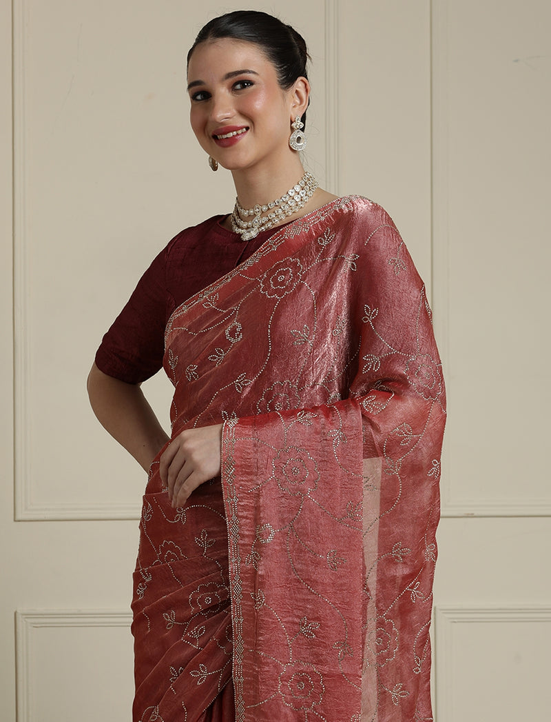 Embellished Saree With Unstitched Blouse in Peach