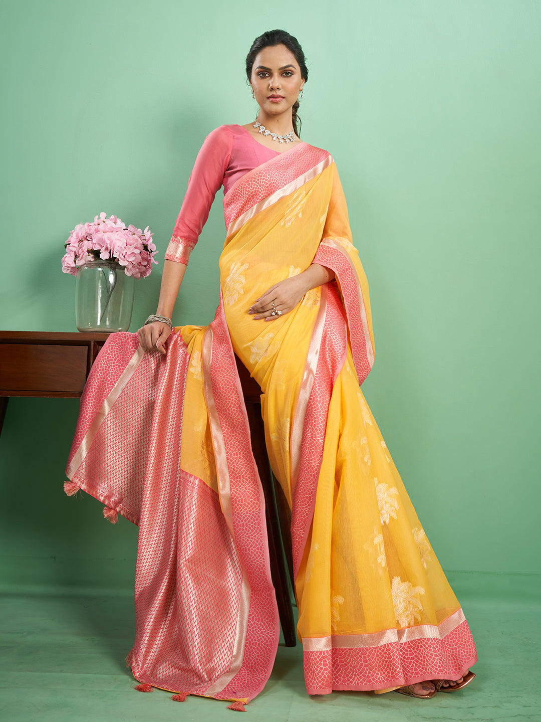 Rohini Cotton In Turmeric Yellow & Rose Pink