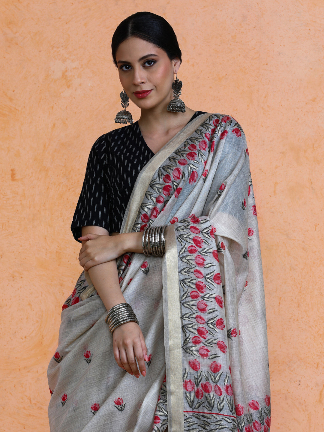 Aranya Cotton in Beige with Pink Motifs