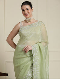 Woven Design Floral Saree With Blouse in Green