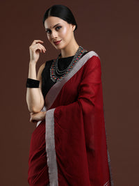 Woven Design Solid Bhagalpuri Linen Saree in Red