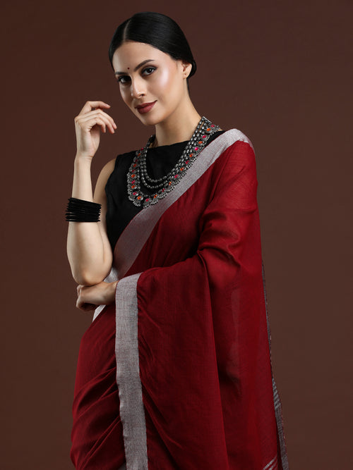 Woven Design Solid Bhagalpuri Linen Saree in Red