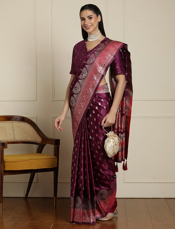 Woven Design Banarssi Saree With Unstitched Blouse in Purple