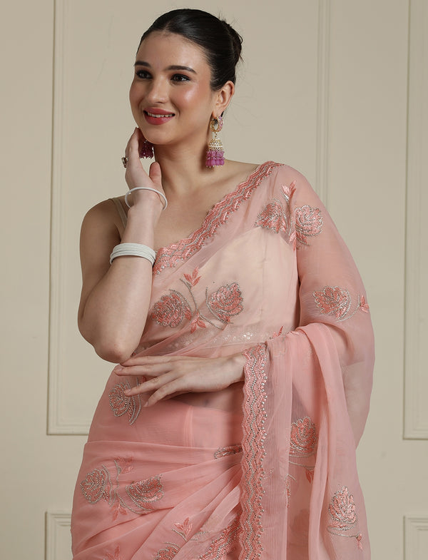 Floral Motifs Embroidered Saree with Unstitched Blouse in Peach