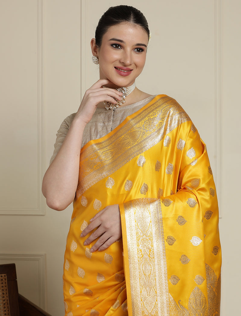 Ethnic Motif Woven Design Zari Banarasi Satin Silk Saree & Blouse Piece in Yellow