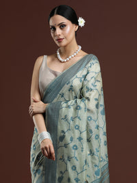 Woven Design Floral Chanderi Cotton Saree in Pista Green