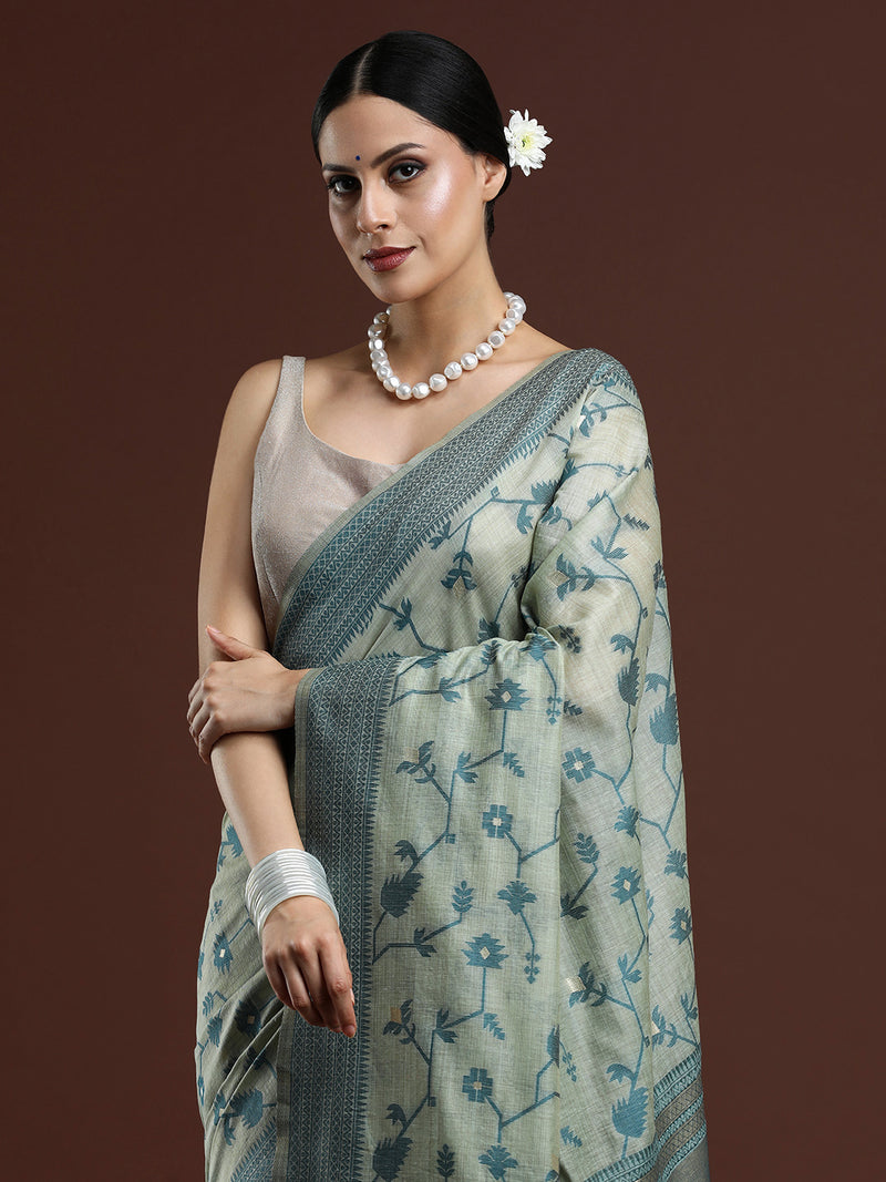 Woven Design Floral Chanderi Cotton Saree in Pista Green