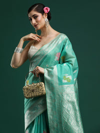 Woven Design Floral Chanderi Cotton Saree in Sea Green