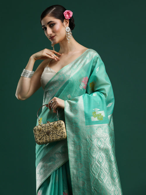Woven Design Floral Chanderi Cotton Saree in Sea Green
