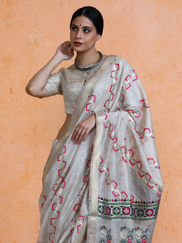 Devina Cotton in Beige with Hot Pink Motifs