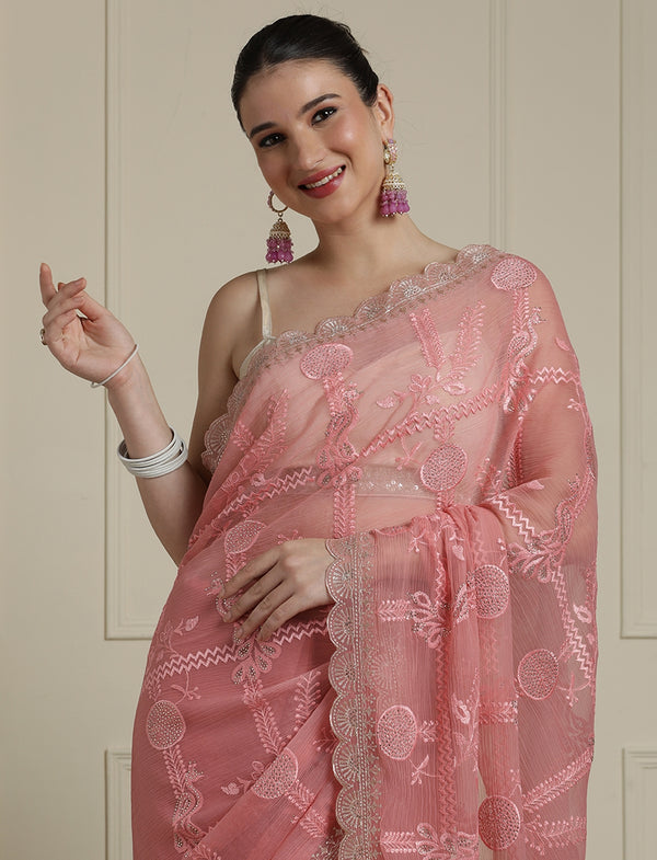 Floral Motif Embroidered Beads and Stones Saree in Pink