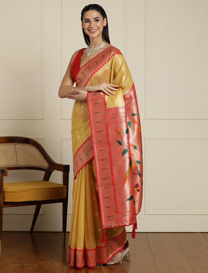 Floral Woven Design Zari Saree With Blouse Piece in Yellow and Orange
