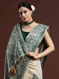 Woven Design Chanderi Cotton Saree with Green Motifs