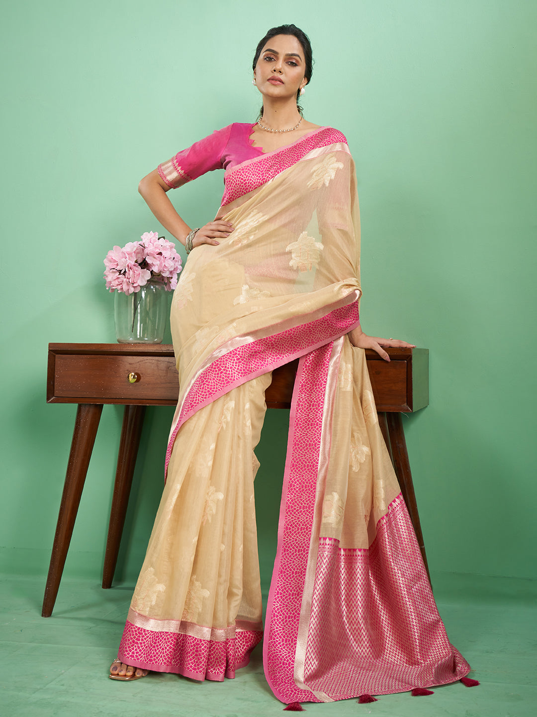 Rohini Cotton In Light Caramel & Rose Pink