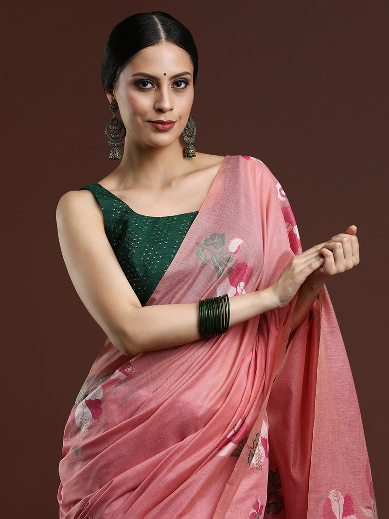 Woven Design Floral Muga Cotton Saree in Pink