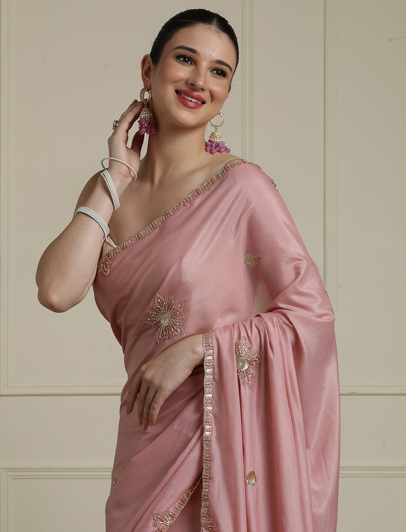 Embelished Saree With Blouse in Pink