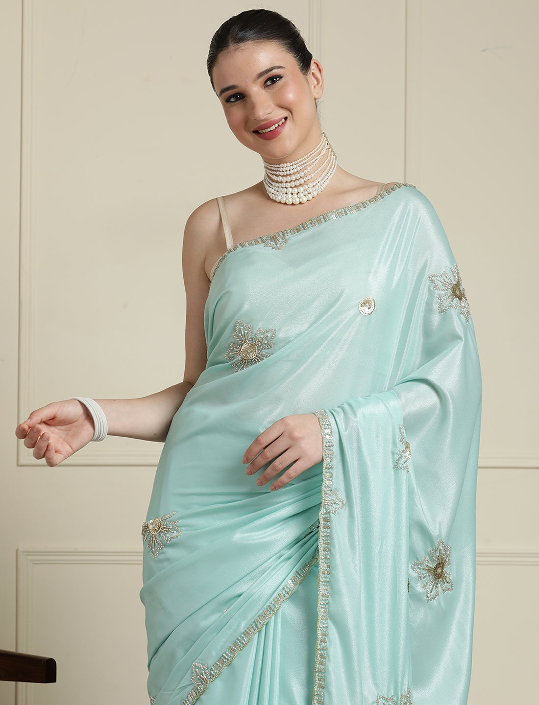 Floral Embroidered Beads and Stones Saree in Blue