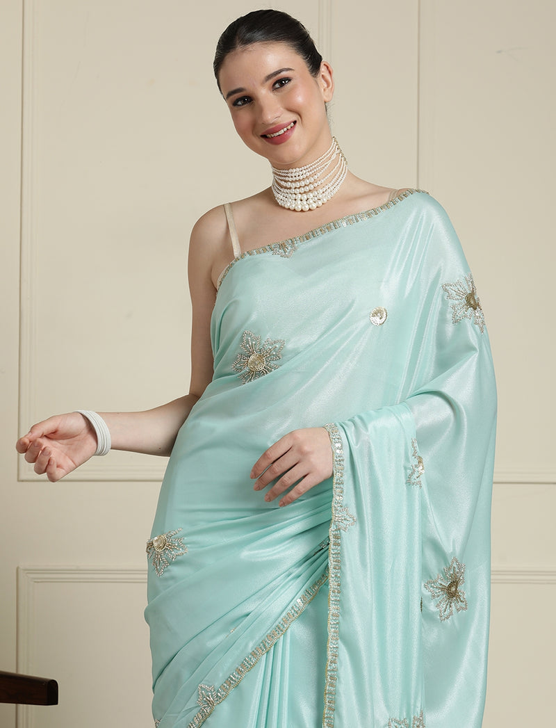 Floral Embroidered Beads and Stones Saree in Blue