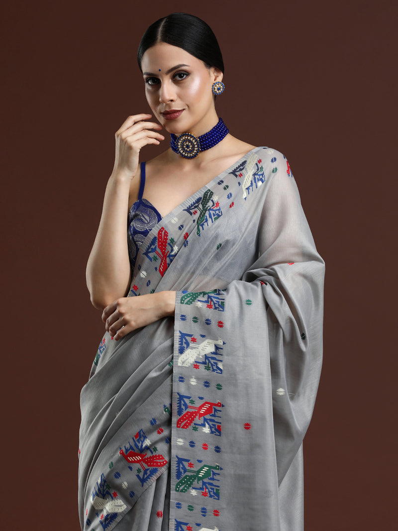 Woven Design Ethnic Motif Muga Cotton Saree in Grey