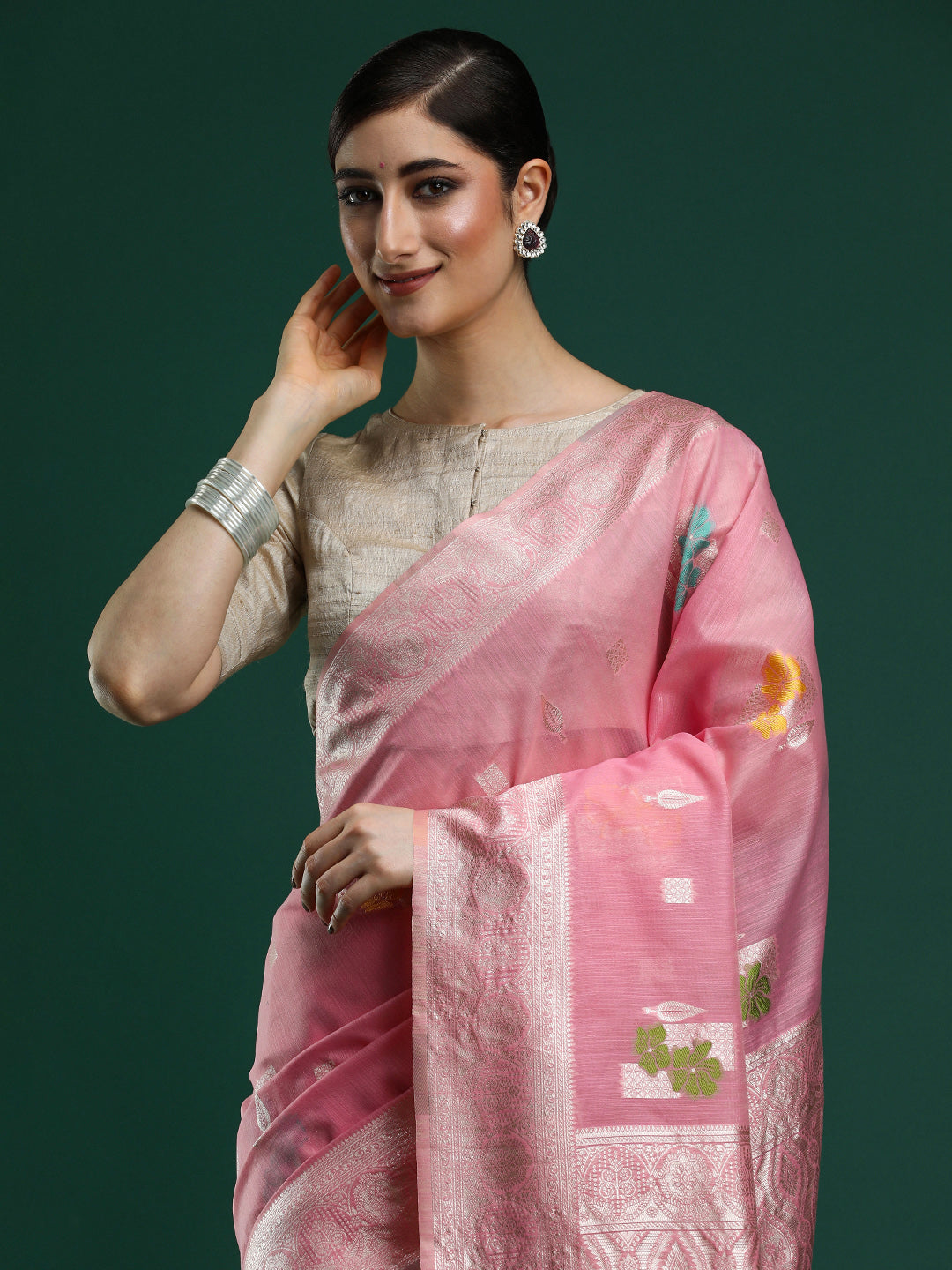 Woven Design Floral Chanderi Cotton Saree in Pink