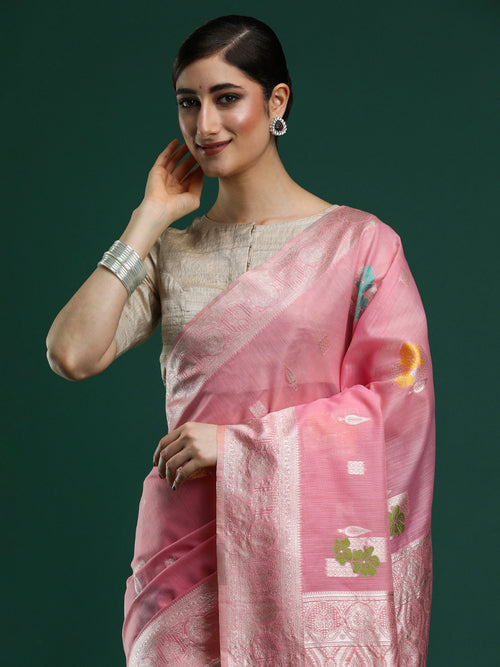 Woven Design Floral Chanderi Cotton Saree in Pink