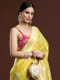 Woven Design Floral Chanderi Cotton Saree Yellow
