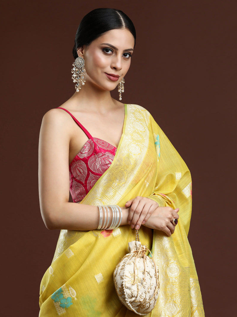Woven Design Floral Chanderi Cotton Saree Yellow