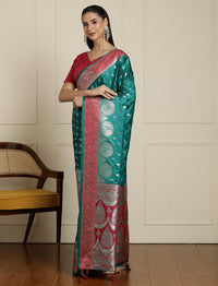Ethnic Motif Woven Design Zari Banarasi Satin Silk Saree & Blouse Piece in Sea Green