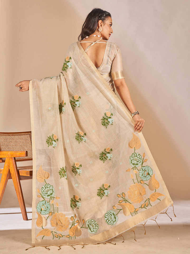 Leela Cotton In Beige With Green Motifs