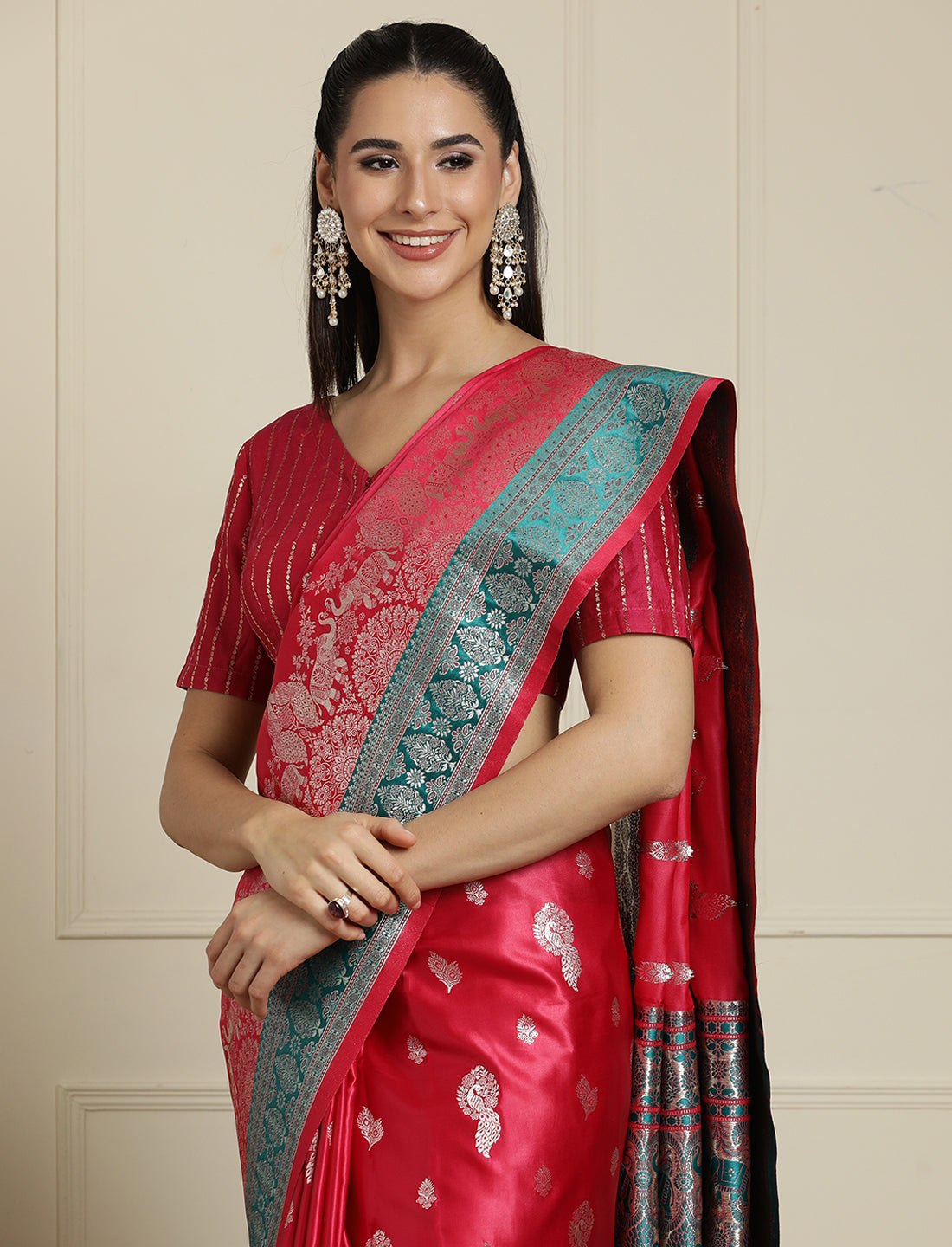 Ethnic Motif Woven Design Banarasi Saree in Pink