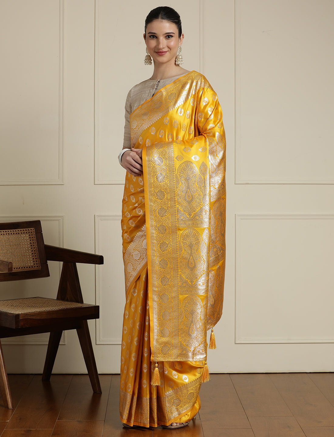 Ethnic Motifs Woven Design Zari Banarasi Saree in Yellow