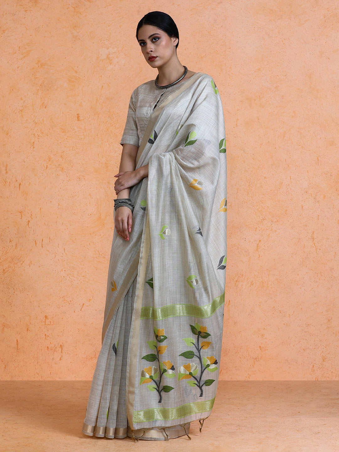 Rithika Cotton in Beige with Green Motifs