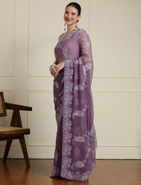 Embroidered Sarees With Unstitched Blouse in Purple