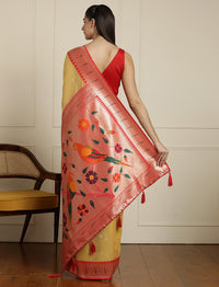 Floral Woven Design Zari Saree With Blouse Piece in Yellow and Orange