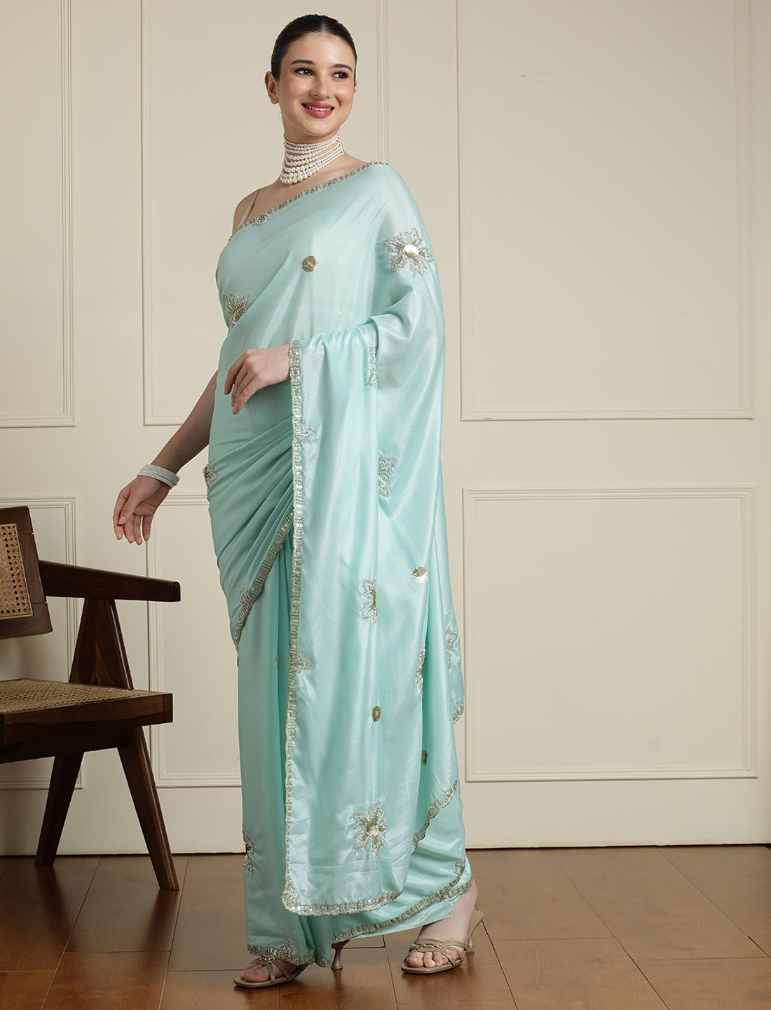 Floral Embroidered Beads and Stones Saree in Blue