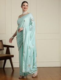 Floral Embroidered Beads and Stones Saree in Blue