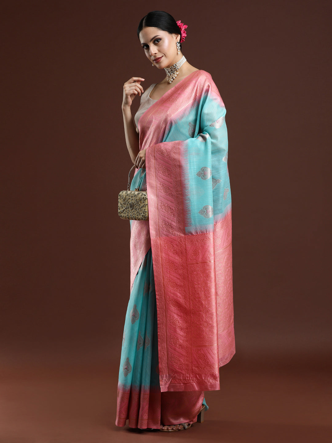 Woven Design Chanderi Cotton Saree in Light Blue
